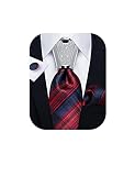 DiBanGu Men's Blue Red Plaid Tie Handkerchief Cufflinks Set Silk Jacquard Necktie and Tie Accessorie