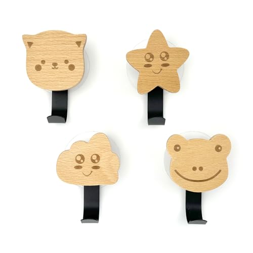 KAOTPO Garderobenhaken, Garderobenhaken kinder aus Holz, vier Stück im Set, mit Schwarzem Langen Haken, Garderobe Kinder Selbstklebender Kleiderhaken, Geeignet für Kinderzimmer (Stilvoll) (Tier)