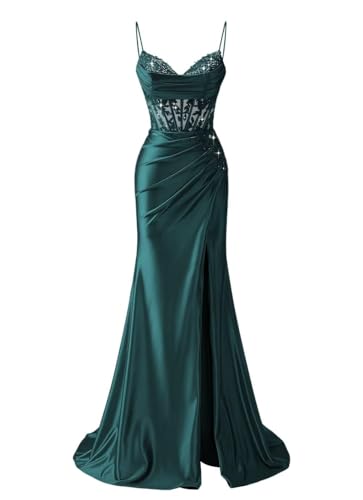 Ztikolen Peacock 2026 Lace Embroidery Prom Dresses - Spaghetti Straps V-Neck Satin Mermaid Gown with Slit for Graduation Ball Size 8