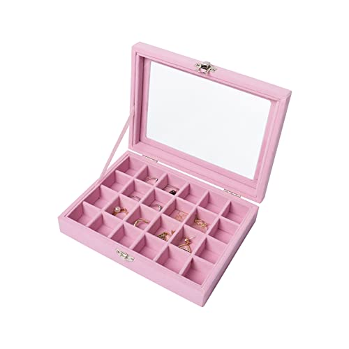 Nideen 24 Grids Earring Storage Organiser, Velvet Jewellery Box Earring Box, Jewellery Storage Display Box for Rings, Earrings, Charms, Pendants, Pink