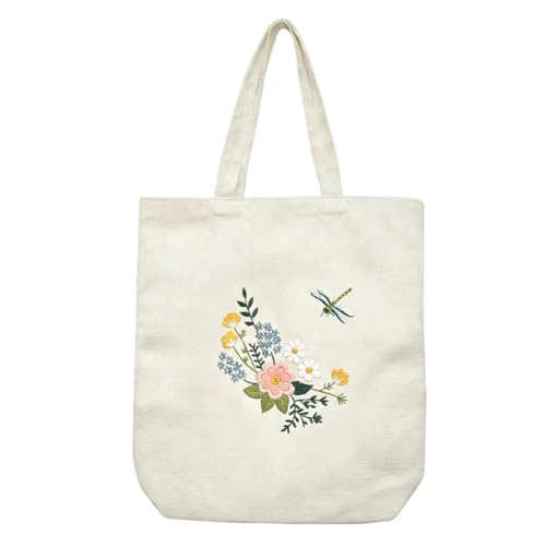 Image of Canvas Tote Bag Embroidery Kit, Embroidery Kits for Beginners, Arts and DIY Crafts Embroidery Starter kit, Include Stamped Embroidery Bag, Threads, Embroidery Tools (Beige Bag with Dragonfly 2)