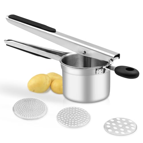 BSDLZCH Hochleistungs-Kartoffelstampfer mit 3 auswechselbaren Schneidplatten, Kartoffelstampfer aus lebensmittelechtem Edelstahl für flauschiges Kartoffelpüree, Gemüse- und Obststampfer (silberfarben) BSDLZCH Hochleistungs-Kartoffelstampfer mit 3 auswechselbaren Schneidplatten, Kartoffelstampfer aus lebensmittelechtem Edelstahl für flauschiges Kartoffelpüree, Gemüse- und Obststampfer (silberfarben)