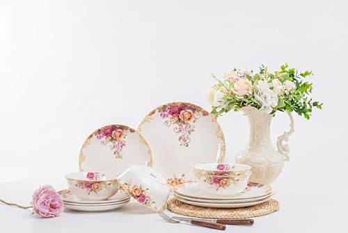 FHGNYSM Vintage Floral Dinnerware Set 12-Piece Porcelain with Gold Rim