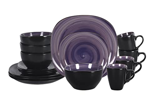 Homevss, Stoneware Square 16Pc Dinnerware Set, Inside Spinwash Swirl Purple + Outside Black #TOP9