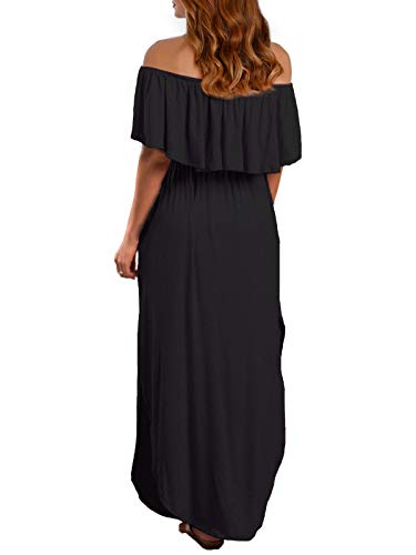 VERABENDI Women's Off Shoulder Summer Casual Long Ruffle Beach Maxi Dress with Pockets Black M - Image 4