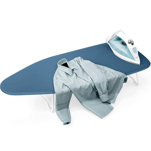 Small Ironing Board top with Heat Resistant Cover Compact Mini Ironing Board with Metal mesh Frame for Dorm Apartment and Travel Hook for Hanging Iron Board Iron Table Stand 1230 Pure Blue