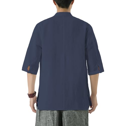 Chemise légère homme col montant coton lin manches courtes boutons grenouille style zen - 4
