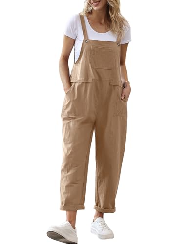 YESNO Women Long Casual Loose Bib Pants Overalls Baggy Rompers Jumpsuits with Pockets (2XL PV9 Camel)