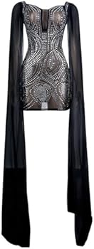 ieron Damesjurk van gaasdoek, doorzichtige jurk met strassteentjes, transparante vorm, schoonheid, glitter, elegante nachtjurk voor speciale feesten, Mesh Rompertje, S, S
