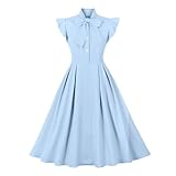 Vintage Dress for Women 1950s Retro Dresses Midi Dress A-Line Swing Bow Tie Neck Dress for Cocktail Prom Ball Tea Party Church Wedding 1960s Dresses Button Up Lake Blue Cap Sleeve Dress M
