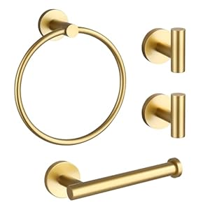 Lairuier Bathroom Hardware Set, 4-Piece Towel Bar Set Include Toilet Paper Holder,Towel Ring and 2 Towel Hooks Stainless Steel Wall Mounted Bathroom Hardware Accessories Set (Brushed Gold)