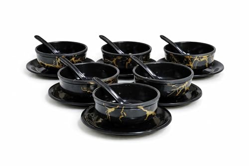 Image of Ariya Melamine Soup Bowl Set | Set of 6 | Black-Golden | 350 ml | with Spoon & Saucer | Microwave & Dishwasher Safe | Premium Serving Bowls for Soup, Noodles & Pasta | Durable Serving Bowls Sets