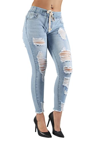 Fashion2Love Women's Juniors/Plus Size Elastic Waist Ripped Distressed Denim Jogger (2030)