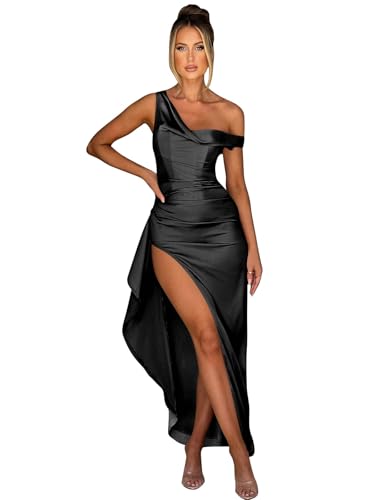 BOLENSYE Women's Satin Prom Dresses 2025 One Shoulder Formal Evening Dress Ruched Cocktail Party Gown with Slit