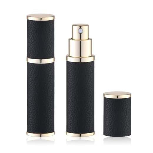 Fusupak Frasco de perfume de viagem recarregável – mini pulverizador atomizador de colônia portátil – recipiente vazio para viagem – 10 ml, preto, 2 peças, refil de couro com bolso pequeno