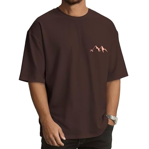 rosemia Oversized Tshirts for Men Crewneck Graphic Tees Basic Short Sleeve Loose Fit Tops, Chocolate Brown Mountain, M