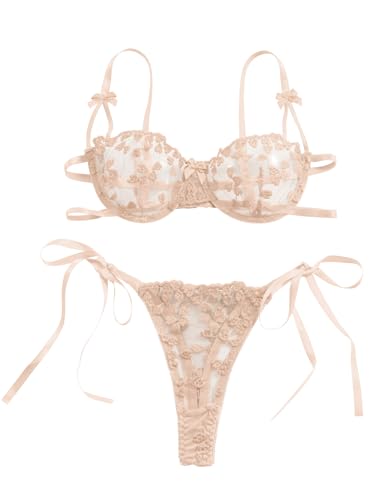 Image of Lilosy Sexy Tie Side Cute Underwire Push Up Strappy Embroidered Mesh Sheer Lingerie Set