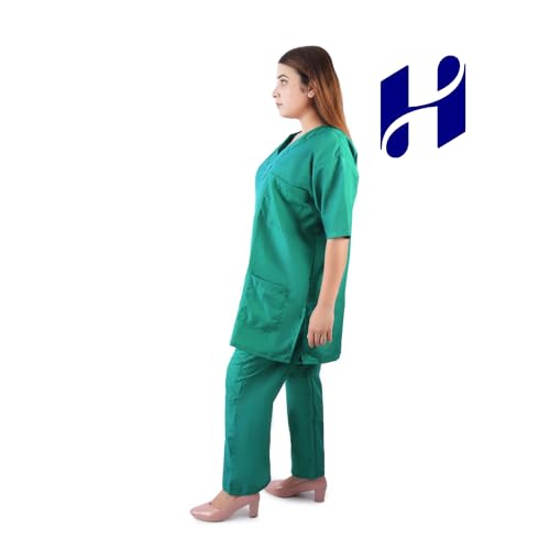 Image of Comfort Scrub Suit for Women - 5-Pocket Set with V Neck Top & Bottom, Half Sleeves, Breathable Fabric - Durable Uniform for Doctors, Nurses, and Dentists in Navy Blue (L, GREEN)