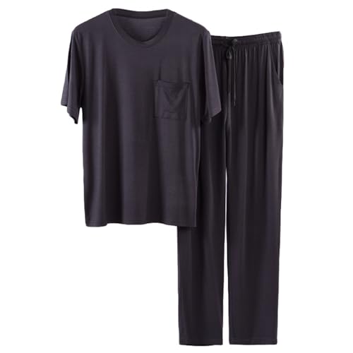 Gefomuofe Traje de casa para hombre, pijama ligero, manga corta, camiseta con bolsillos, pantalones informales, juego de dos piezas, ropa de noche, traje de ocio, gris, XL