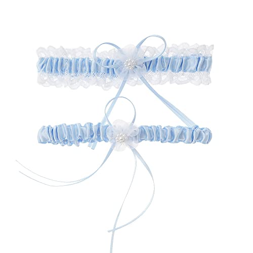 Spitze Braut Strumpfband Gürtel Weiß Hochzeit Strumpfband Zubehör, Blau Schleife, Medium
