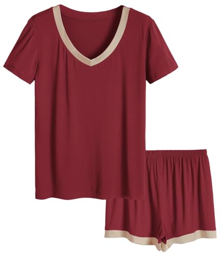 Latuza Women's V-neck Sleepwear Short Sleeve Pajama Set 4X Plus Wine