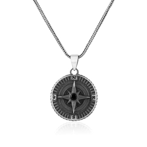 Collier boussole hommes pendentif motard argent sterling avec onyx noir
