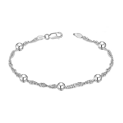 Image of TRUESILVER ACPL Rakhi Gift for Sister 925 Sterling Silver Jewelry Classic Beaded Station Bracelet Singapore Chain Bracelet with 4 MM Ball Beads for Women with Lobster Claw Clasp 7.5 Inches | Raksha Bandhan Gift | Raksha Bandhan Gift