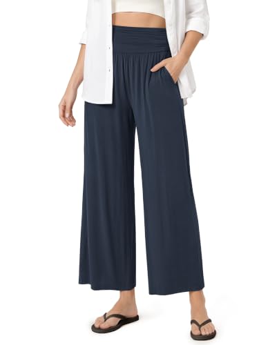 ODODOS Women's Wide Leg Palazzo Lounge Cropped Pants with Pockets Light Weight Comfy Casual Pajama Pants-24 inseam, Midnight, Large