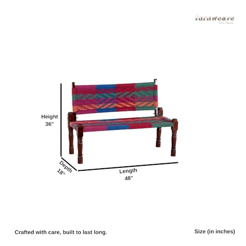 Image of Srima Wooden Bench for Living Room | Handcrafted Sheesham Wood Backrest Bench for Balcony & Garden | Traditional Rajasthani Patio for Outdoor with Cotton Handwoven Rope | Colorful 4