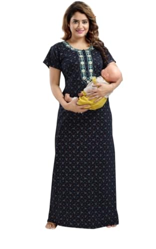 Image of Onekbhalo Women's- Full Sleeves-Feeding- Nursing- Maternity Nighty /Maxi /Gown /Nightdress /Nightwear- Hosiery Cotton Fabric- Floral Print- Embroidery with Zip
