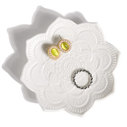 Image of Small White Mandala Trinket Dish Jewellery Dish Tray, Ceramic Decorative Ring Holder Dish, Gifts for Women, Bride Bridesmaid Gifts Birthday Christmas Wedding Valentines' Present