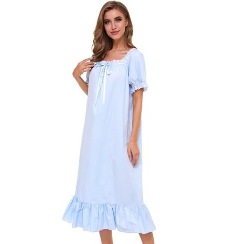 Image of Lu's Chic Women's Victorian Nightgown Cotton Sleepwear Long Loungewear Short Sleeve Soft Nightwear Night Dress Sleep Calf Length Ruffle Nightdress Scoop Neck Lace Solid Blue X-Large