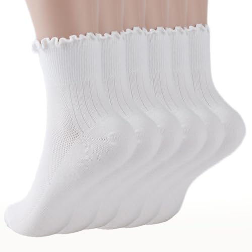 Womens Ruffle Socks, Turn-Cuff Frilly Sock, Cotton Ankle Socks Breathable Crew Socks, Lettuce Edge Socks 6 Pack