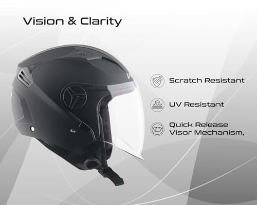 Image of Vega VO-05 Clark ISI Certified Open Face Motorcycle Helmet with High-Impact ABS Shell, Scratch-Resistant Visor, Comfortable Breathable Inner Padding & Secure Strap - Dull Black - M