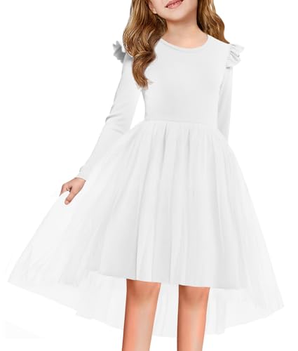 Haloumoning Girls Tutu Dresses Kids Cute Tulle Fall Ruffle Long Sleeve High Low Hem Dress 5-14 Years