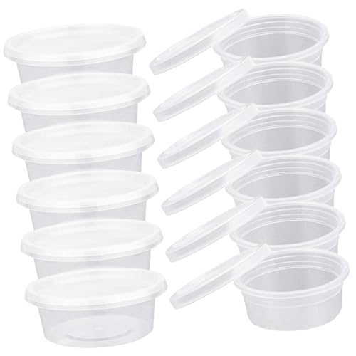MUELODSIC 100個 入り使い捨て透明調味料カップ 蓋付き丸型食品容器 キャンプ バーベキュー対応テイクアウト用サラダドレッシング小皿