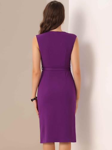 Image of Allegra K Business Dress for Women's Pencil Sheath Work Dress | V Neck Knee-Length Sleeveless Dress With Belted