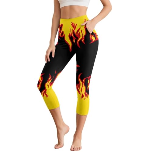 NRBEAWD Capri Leggings for Women High Waisted Capris Tummy Control Yoga Pants Yellow Flame Pants with Pockets Workout Cycling Tights