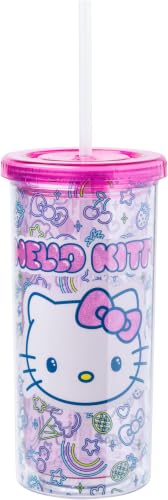 Image of Silver Buffalo Sanrio Hello Kitty Neon Fruit Pattern Plastic Cold Cup with Lid and Straw, 20 Ounces (Pack of 12)