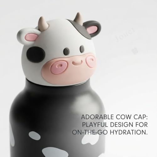 Image of JOUET Kids Stainless Steel Water Bottle 280ml with Cute Cow Character Lid, Black & White Leakproof Drinking Bottle for School, Travel & Daily Use