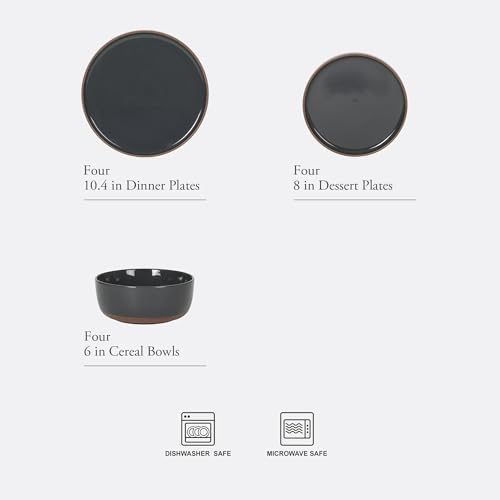 Image of Gibson Elite Northrock Stoneware Dinnerware Set, 12-Piece Service for 4 Plates and Bowls Set - Charcoal Blue Dishes with Hand-Painted Terracotta Base