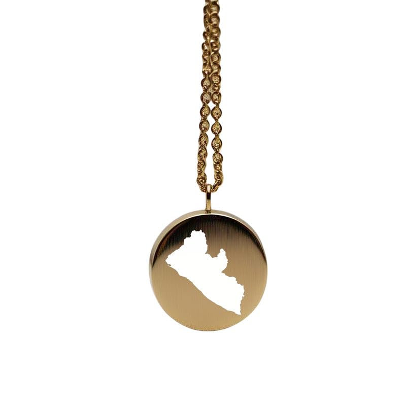 Pendentif carte du Libéria en argent sterling plaqué or 14 carats, forme ronde de 24 mm et épaisseur de 1,5 mm, breloque Terre, bijou de voyage délicat | Médaillon gravé Aventure | LKB_MAP_408