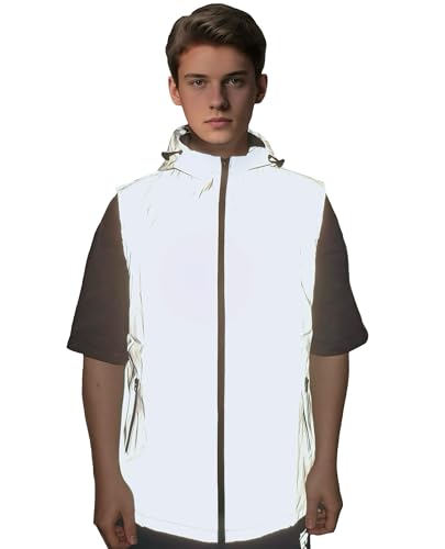 LZLRUN Men's Fully Reflective Vest with Hood Fashion Hip Hop Sleeveless Jacket Street Rave