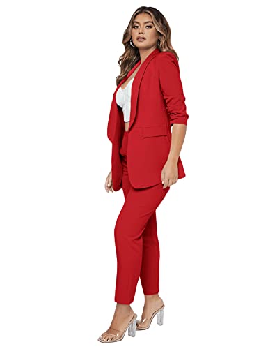 Sweatyrocks Women's 2 Piece Solid Ruched Sleeve Blazer And Pants Business Office Suit Set Red M #TOP6