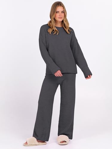 ANRABESS Womens Pajama Sets Fuzzy Fleece 2 Piece Long Sleeve Sweater Knit Top Wide Leg Pants Lounge Pj Set 2025 Fall Outfits2