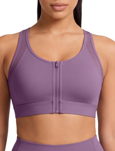 Image of Yvette Front Zip Sports Bras for Women High Impact Mesh Racerback Full Support Running Bra Plus Size for Workout