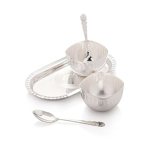 Image of Silverglow Aura Serving Set | Silver Plated Bowl Set of 5 | Dry Fruits, Snacks containers | Serving Tray Bowl Set | Tableware Set | Perfect Diwali, Office, Wedding Return Gift