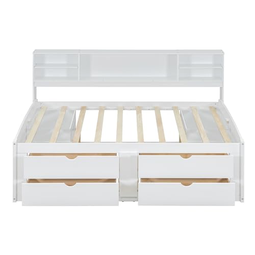 BOVZA-Full-Size-Wood-Captain-Bed-with-Storage-Drawers-and-Bookcase-Headboard-Wooden-Full-Daybed-Frame-with-2-Bedside-Cabinets-and-Upper-Shelves-for-Kids-Teens-Adults-White BOVZA Full Size Wood Captain Bed with Storage Drawers and Bookcase Headboard Wooden Full Daybed Frame with 2 Bedside Cabinets and Upper Shelves for Kids Teens Adults White