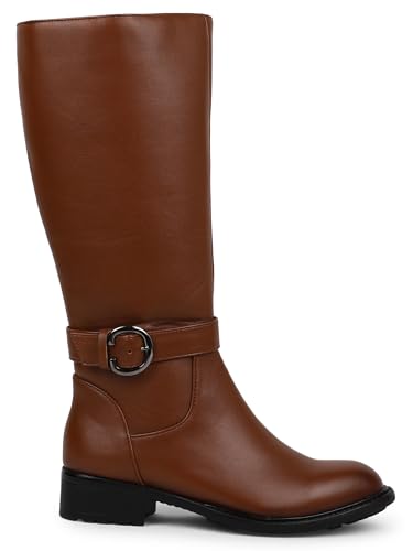 Image of ELLE Women Tan Brown Solid High-Top Block Heel Regular Boots