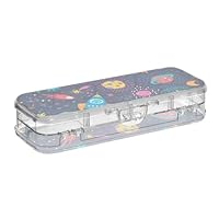 ISAOA Pencil Case Spaceship Planets Rockets Cartoon Pencils Box with Snap Lid,Double Deck Clear Stationery Pen Case with 4 Rulers Dividing Pen Storage Organiser for School Office
